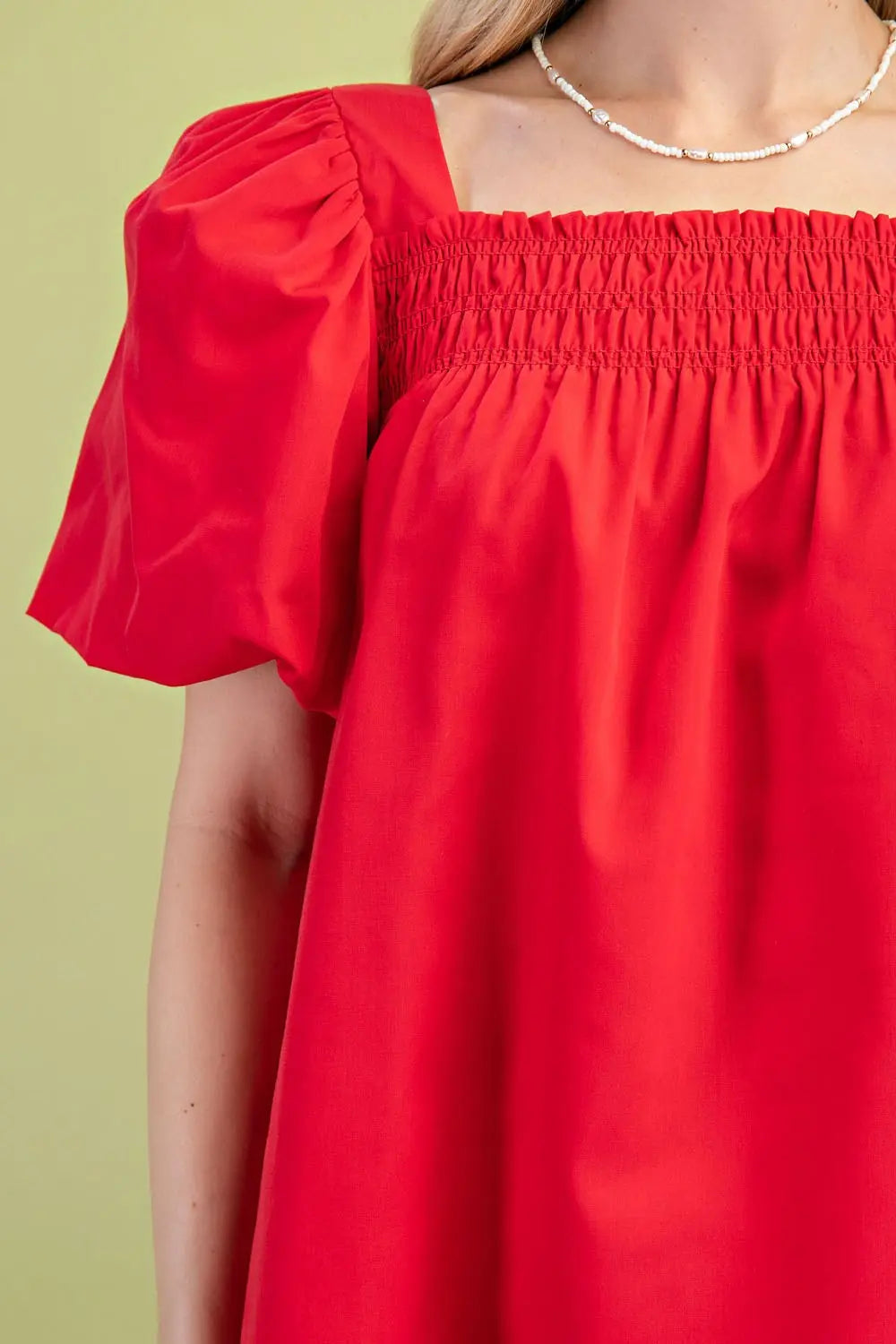 Smocked Puff Sleeve Top-Red
