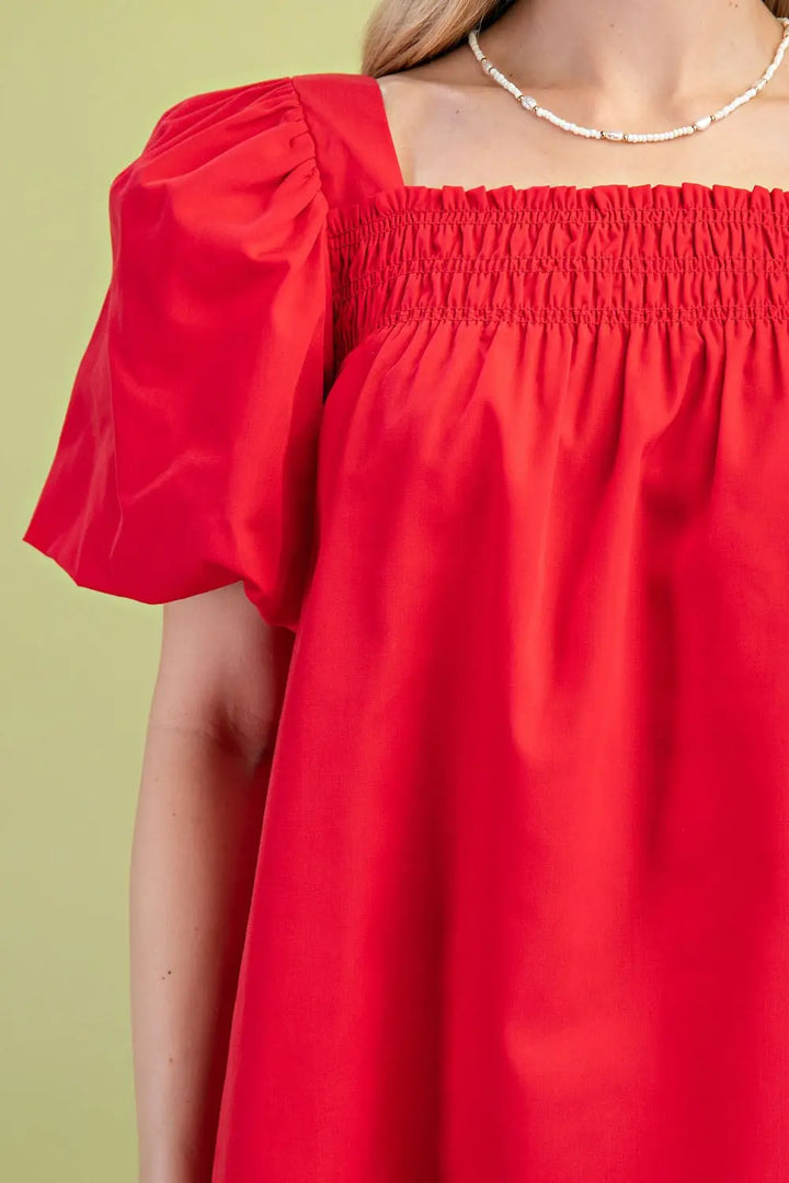 Smocked Puff Sleeve Top-Red