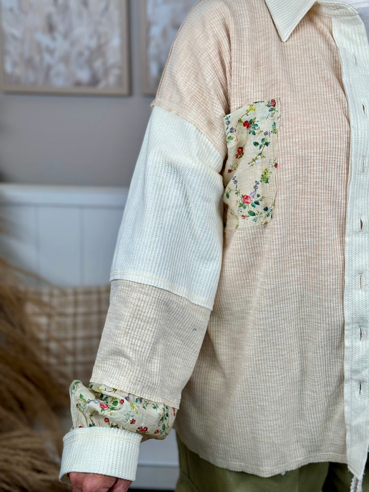 POL Pre-Order - Cream Button-Down W/ Floral Print Blouse - FINAL SALE