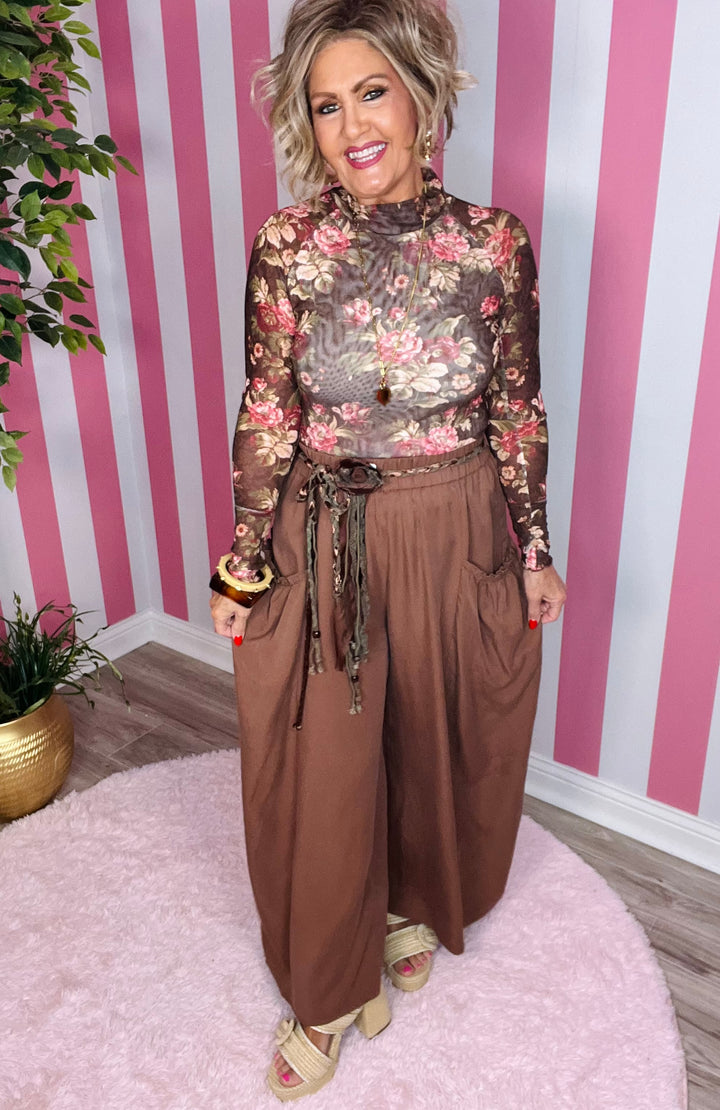 Flowy Wide Leg Pocket Pants-Brown
