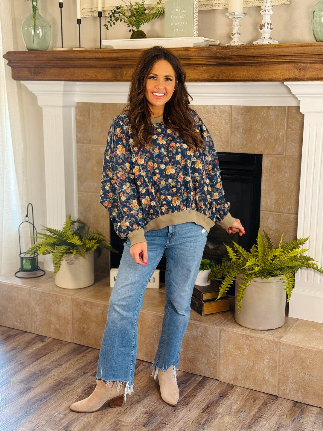 Washed Floral Denim Sweatshirt