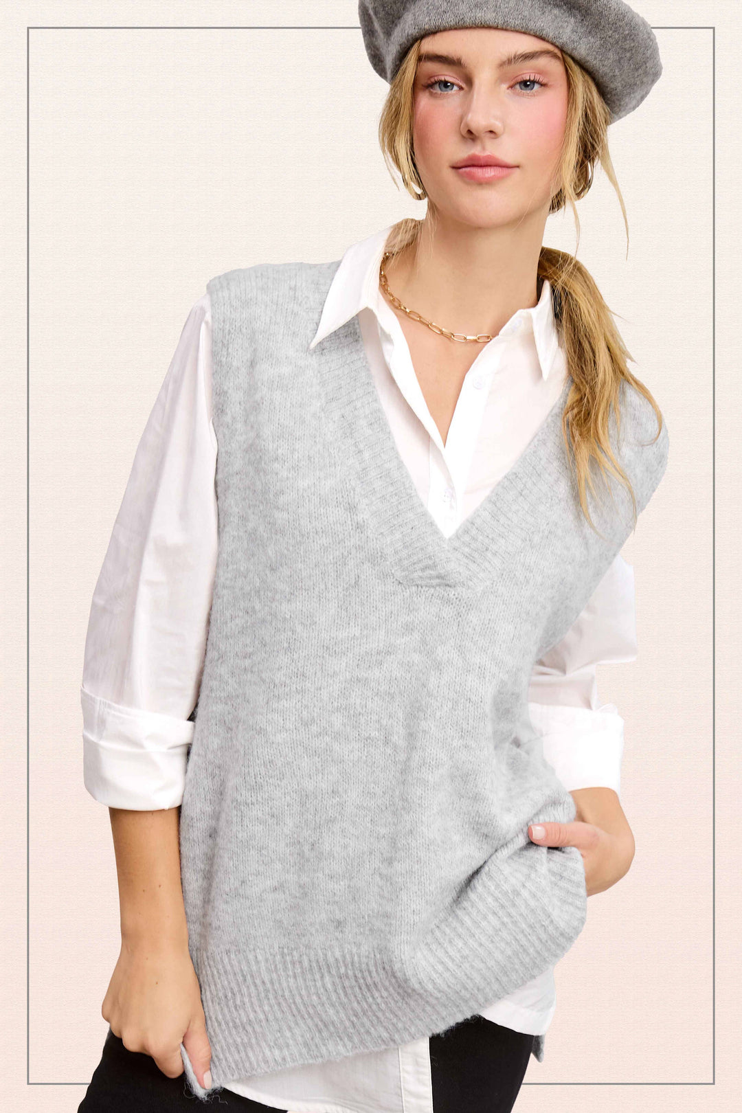 MCS3589-Oversized Soft Knit Sweater Vest with Side Slit