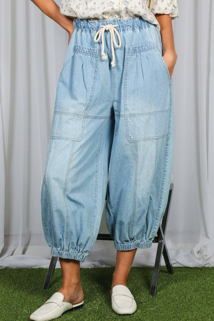 Casual Patch Pocket Elastic Band Crop Barrel Jeans-Lt. Denim