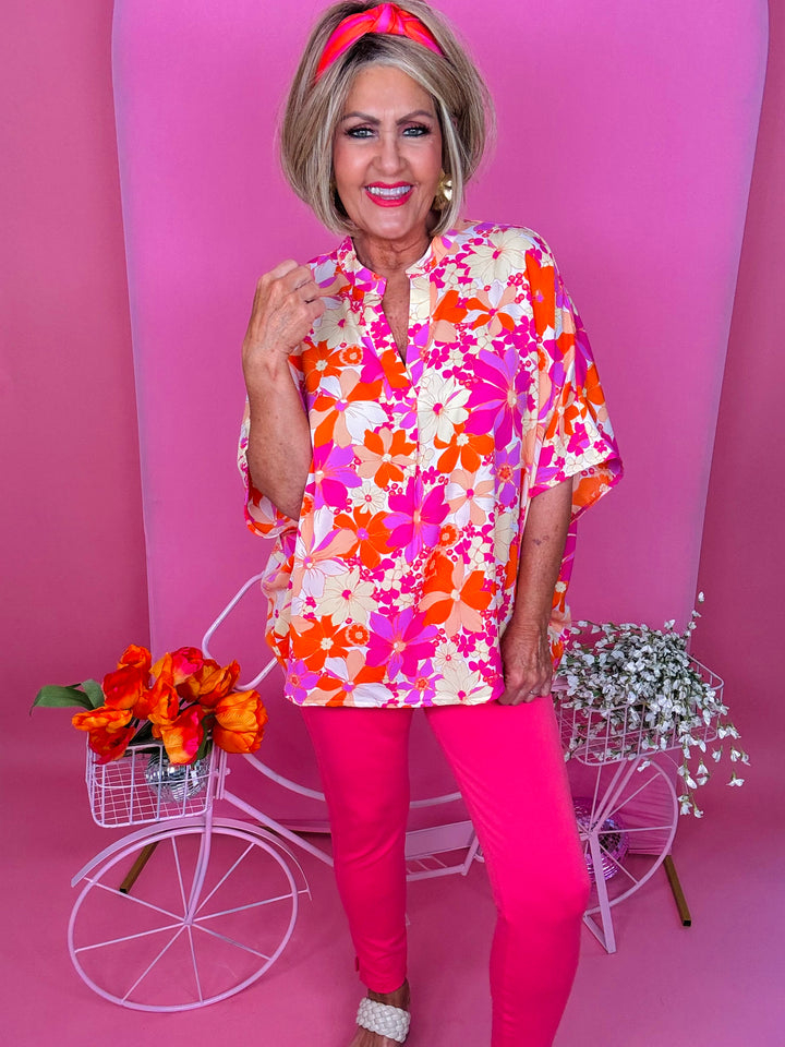 Pink Orange Floral Print Blouse - Available Small Through Extended Sizes - Final Sale
