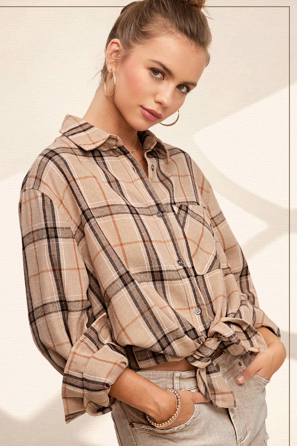 SRT1312-Soft Fabric Plaid Loose Fit Button Down Shirt-2 Color Options