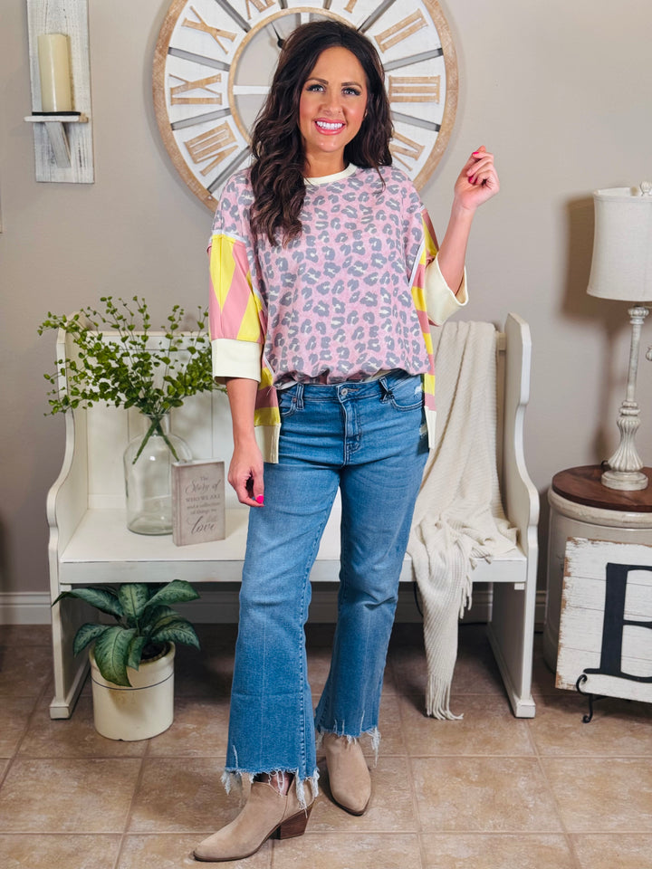 Oversized Animal Print and Stripes Top