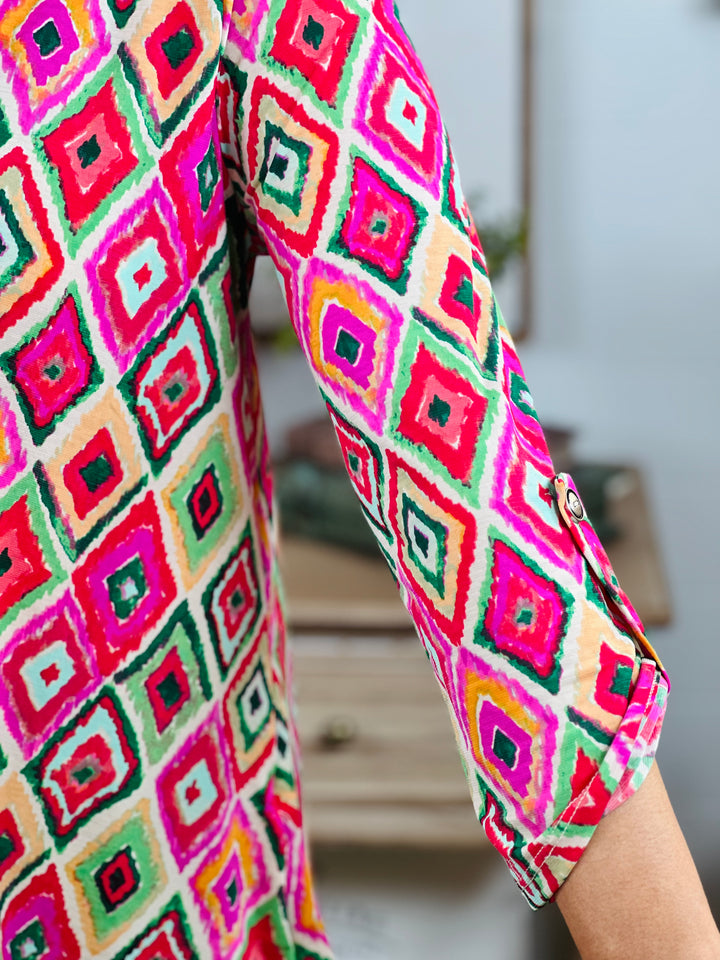 Green/Pink Geometric Top W/ 3/4 Sleeve - Available S - Extended Sizes