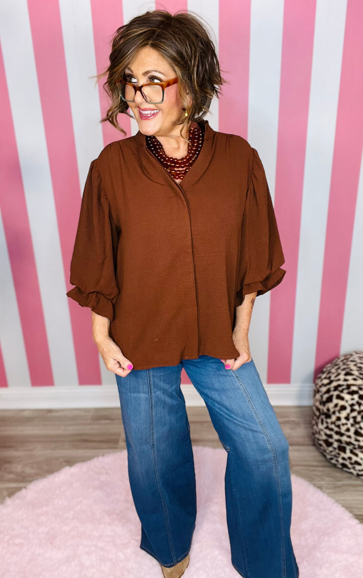 Balloon Sleeve Blouse-Brown