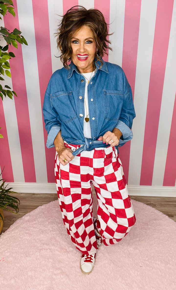 Checkered Printed Barrel Denim Pants