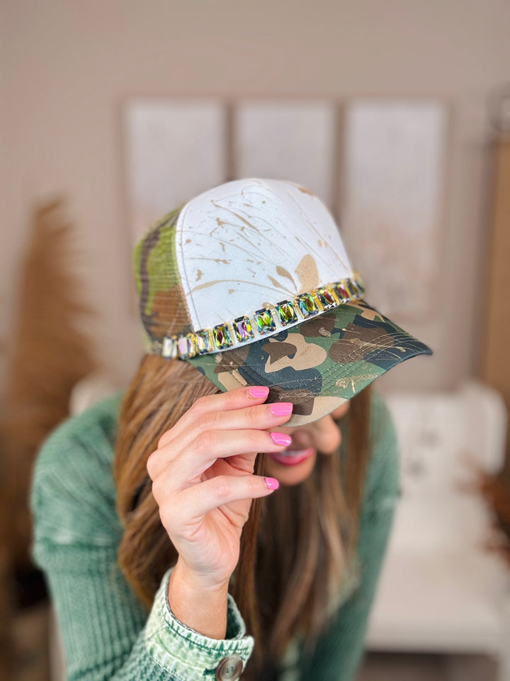 Camo Paint Splattered Trucker Hat w/Multi-Colored Jewel Hat Band