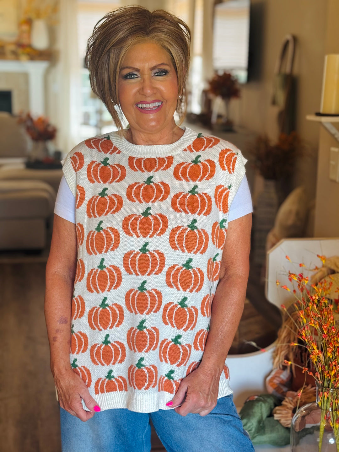 Ivory Pumpkin Print Sleeveless Sweater Knit Top