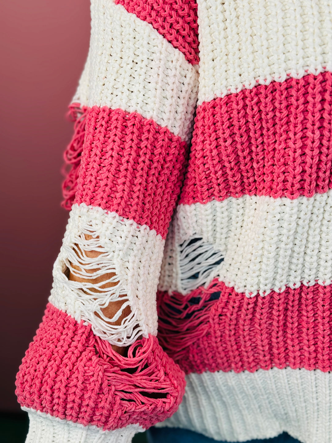 Cream/Pink Striped Chenille Sweater