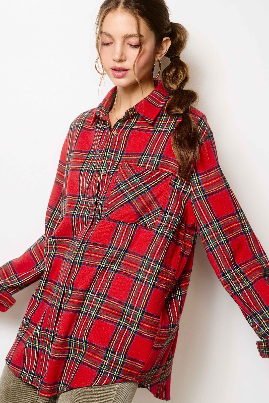 SRT7807-Soft Fabric Plaid Loose Fit Button Down Shirt