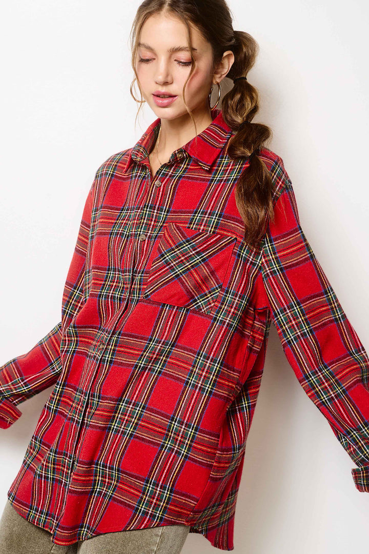 SRT7807-Soft Fabric Plaid Loose Fit Button Down Shirt