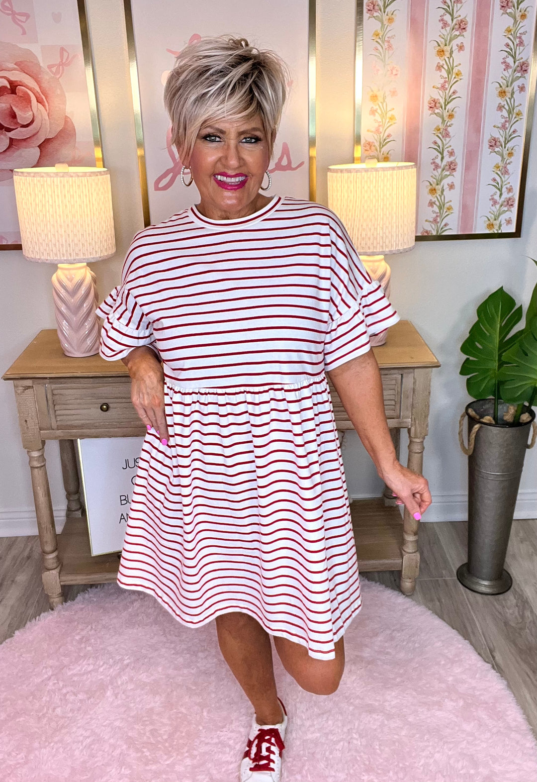 Striped Round Neck Baby Doll Cotton Dress-Red Stripe