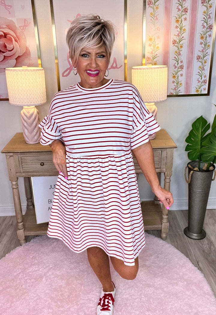 Striped Round Neck Baby Doll Cotton Dress-Red Stripe