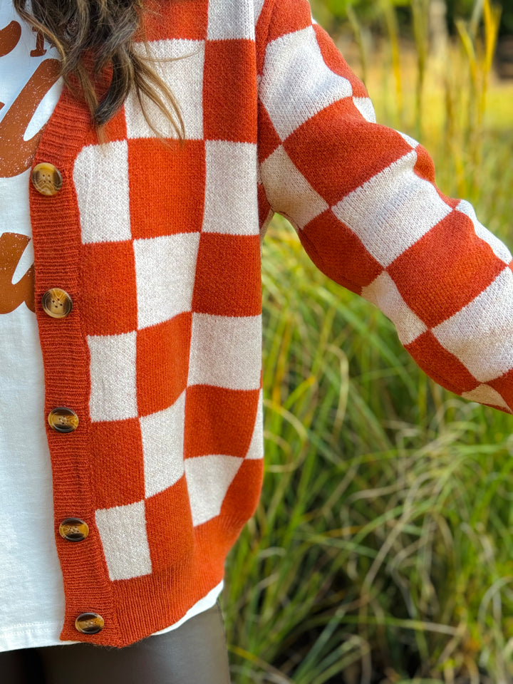 Ophelia Orange Checkered Cardigan - S/M Through Extended Sizes