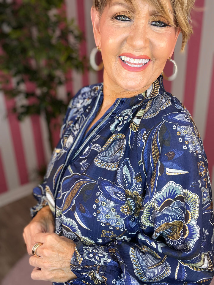 Floral Print Long Sleeve Blouse-Navy