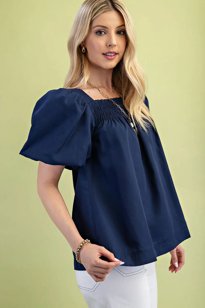 Smocked Puff Sleeve Top-Navy