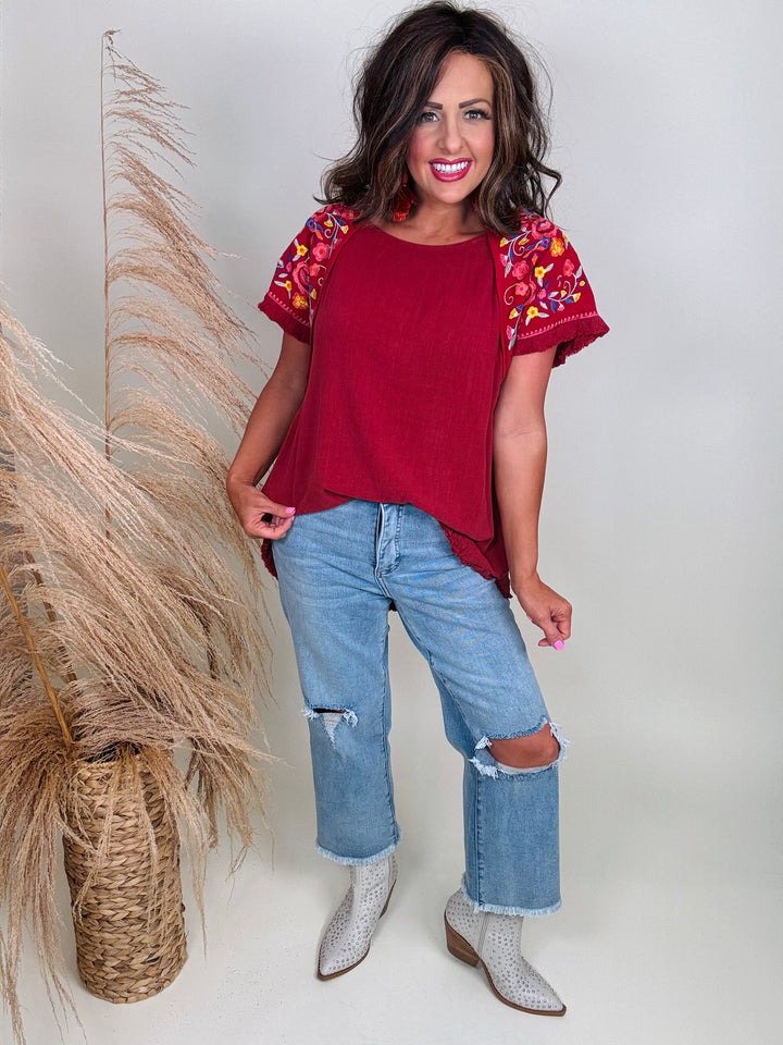 Embroidery Round Neck Short Sleeve Linen Top with Frayed Ruffle Trim - 2 Color Options - Small Through Extended Sizes - Final Sale