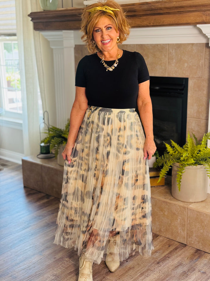 Animal Print Lined Pleated Tulle Midi Skirt w/ Elastic Waist