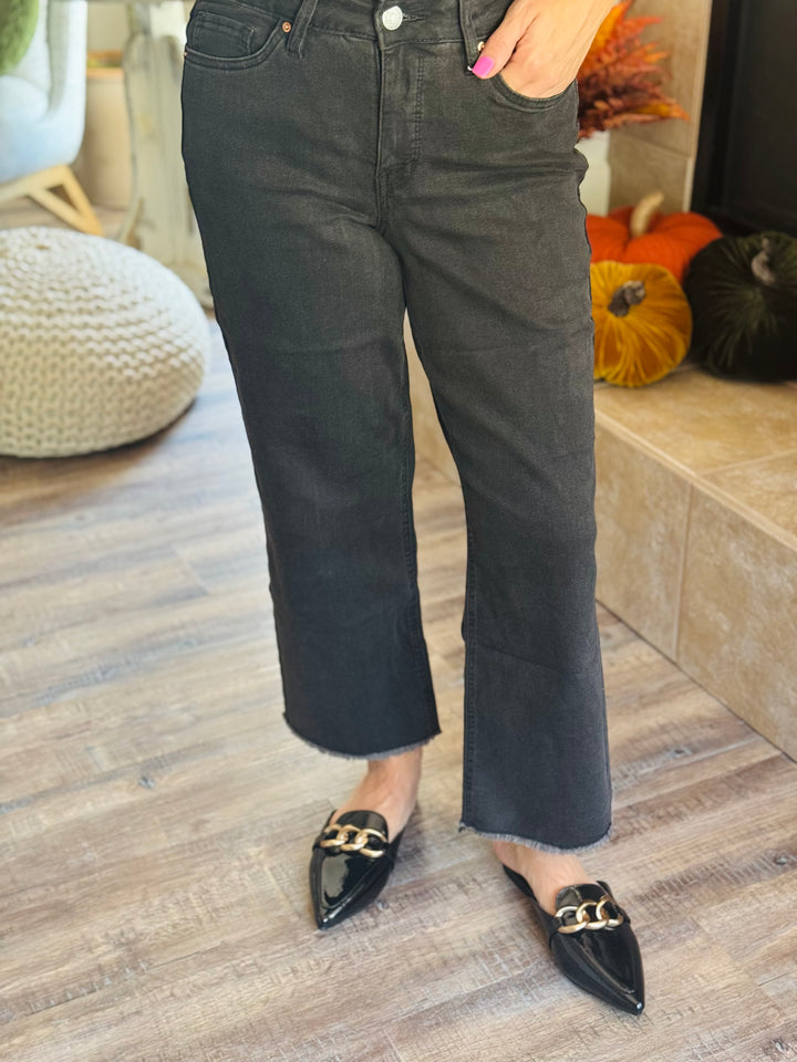 Black High Rise Wide Leg Crop Raw Hem Jean