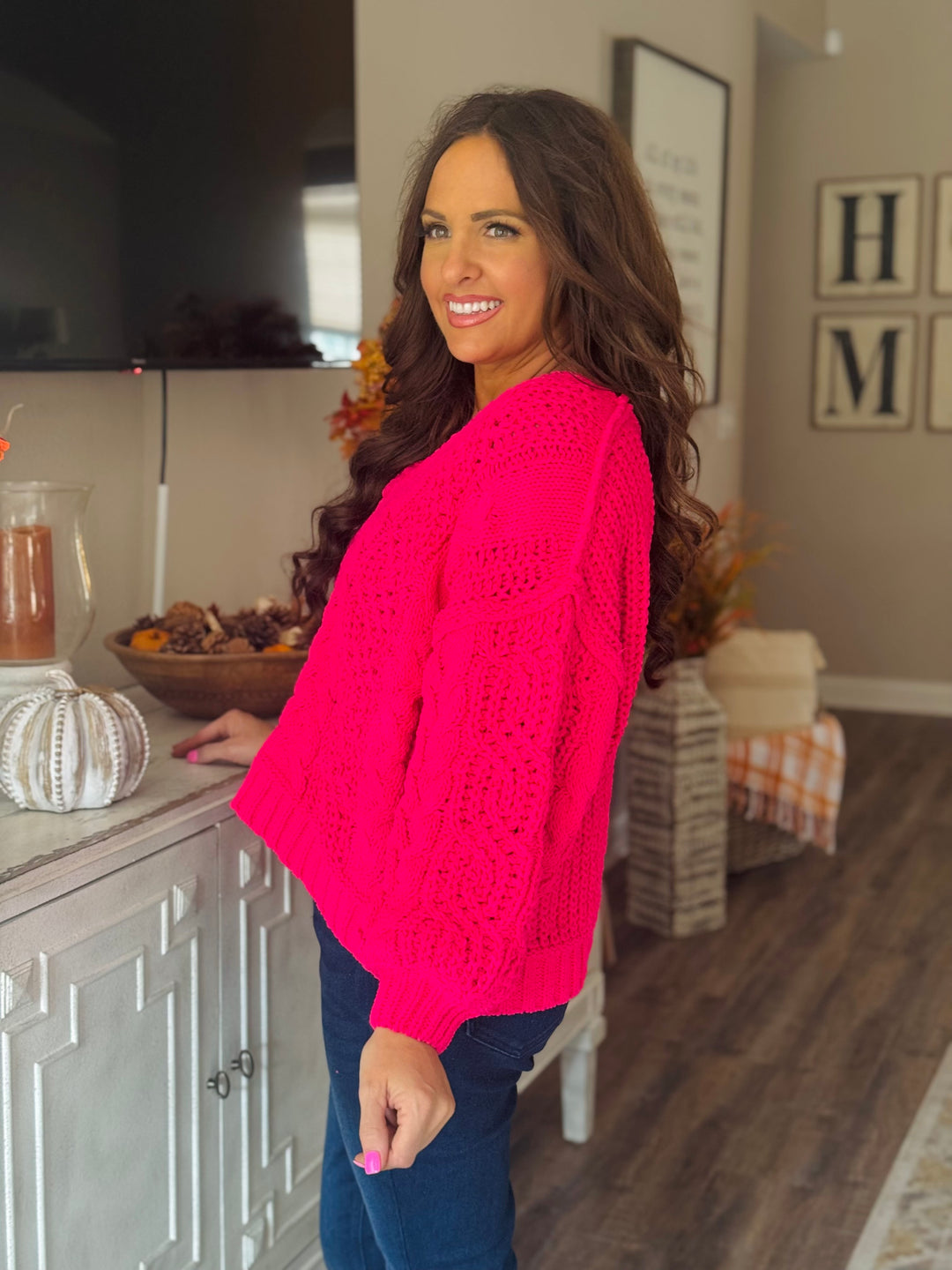 Fuchsia Chenille V-Neck Sweater