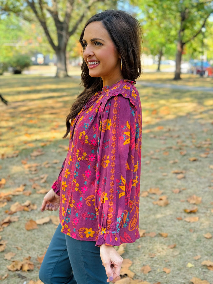 Mulberry Floral Printed V-Neck Woven Blouse - Small Through Extended Sizes