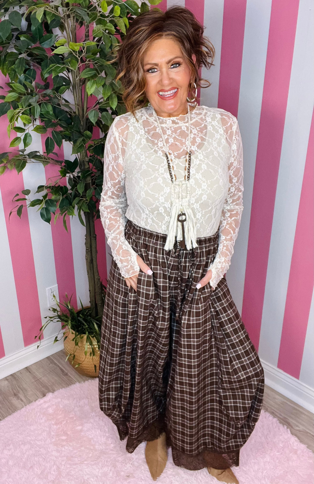 Brown Check Pants with Lace Hem