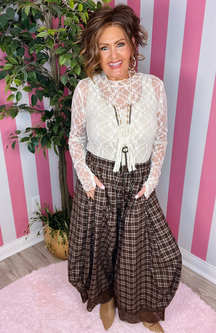 Brown Check Pants with Lace Hem