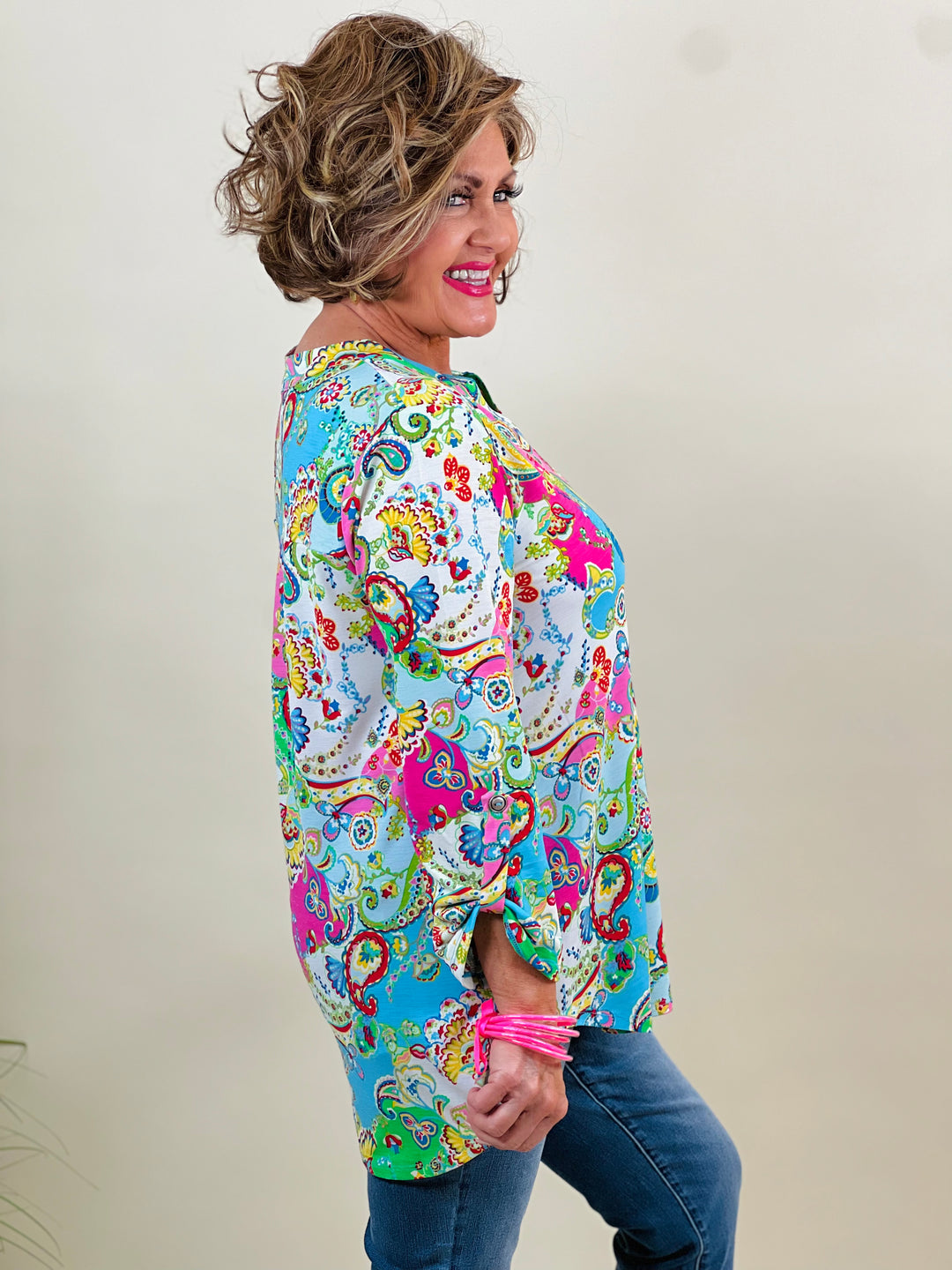 RESTOCKED: Green Paisley Top w/ 3/4 Sleeve - Available S - Extended Sizes