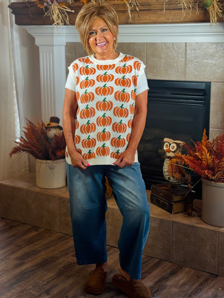 Ivory Pumpkin Print Sleeveless Sweater Knit Top
