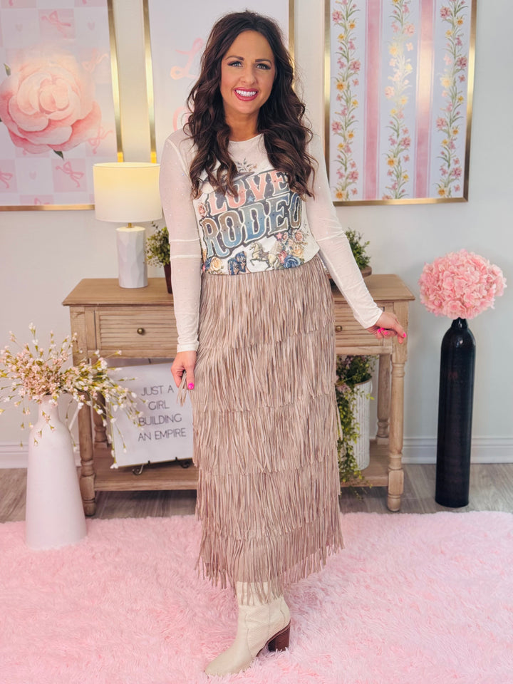 Taupe Layered Fringe Tiered Maxi Skirt