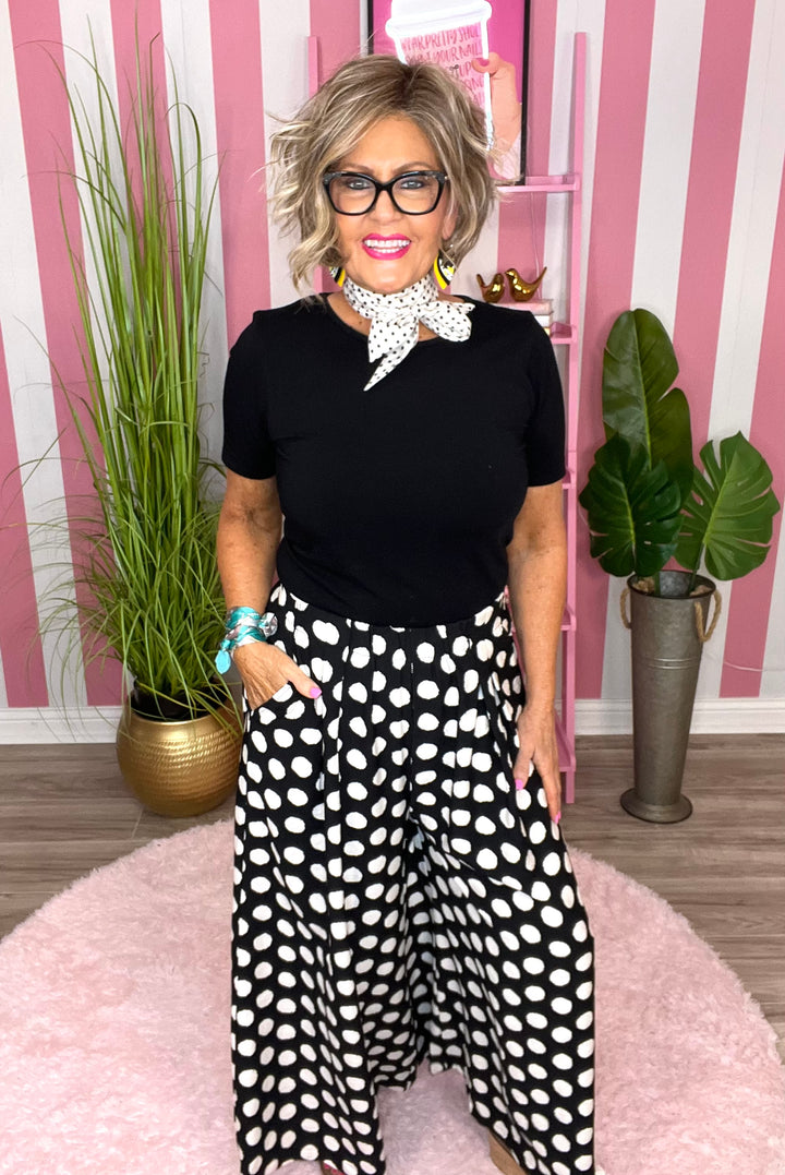 Playful Polka Dot Wide Leg Pants-Black and White