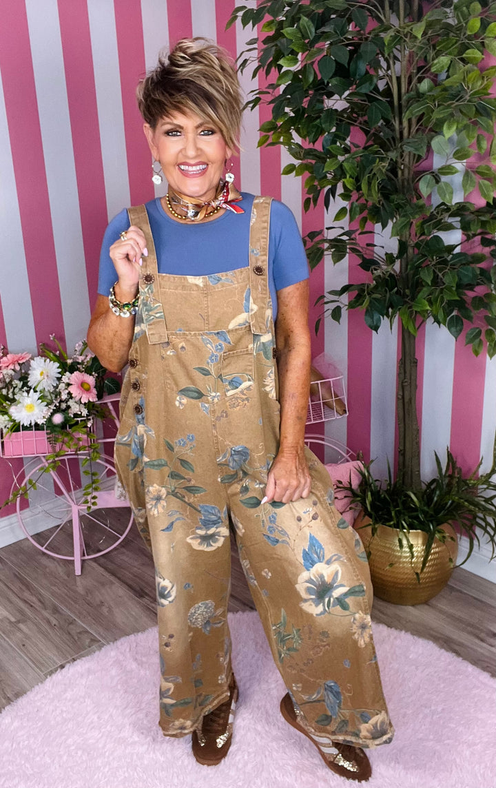 Flower Printed Washed Denim Overalls-Almond