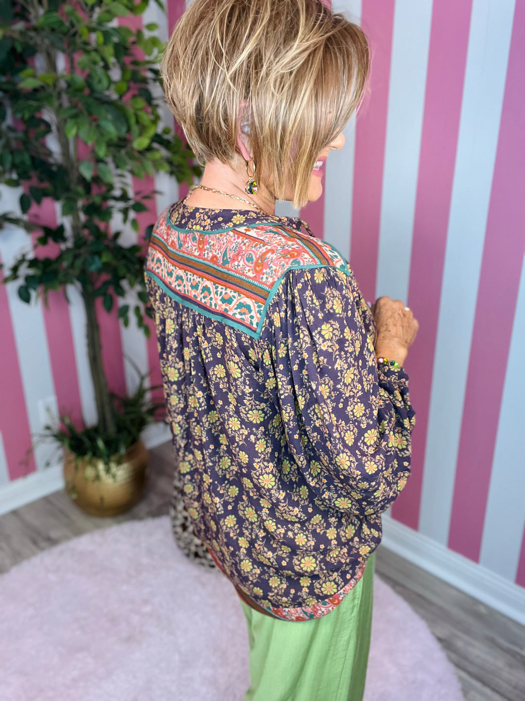 Border Printed Blouse-Charcoal