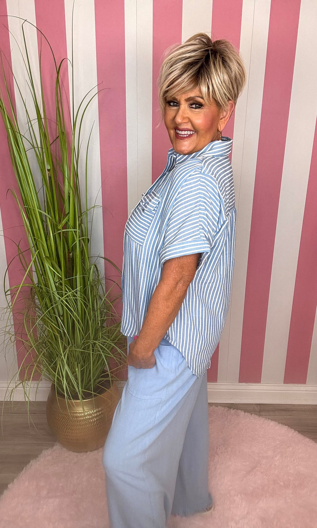 Striped Button Down-Blue/White