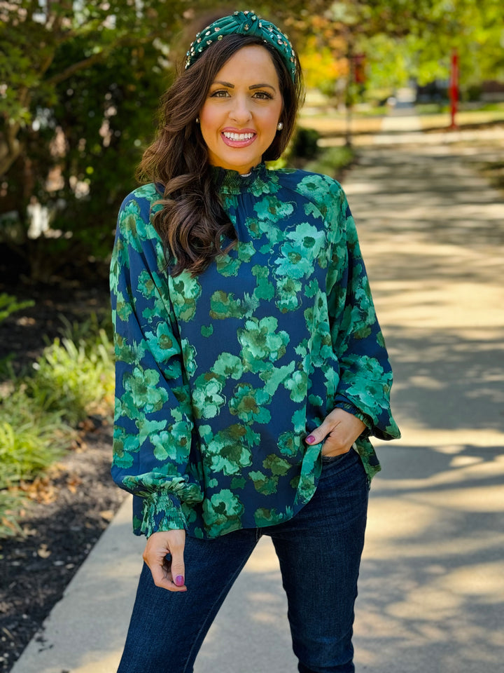 Emerald Green Floral Print Mirabelle Blouse