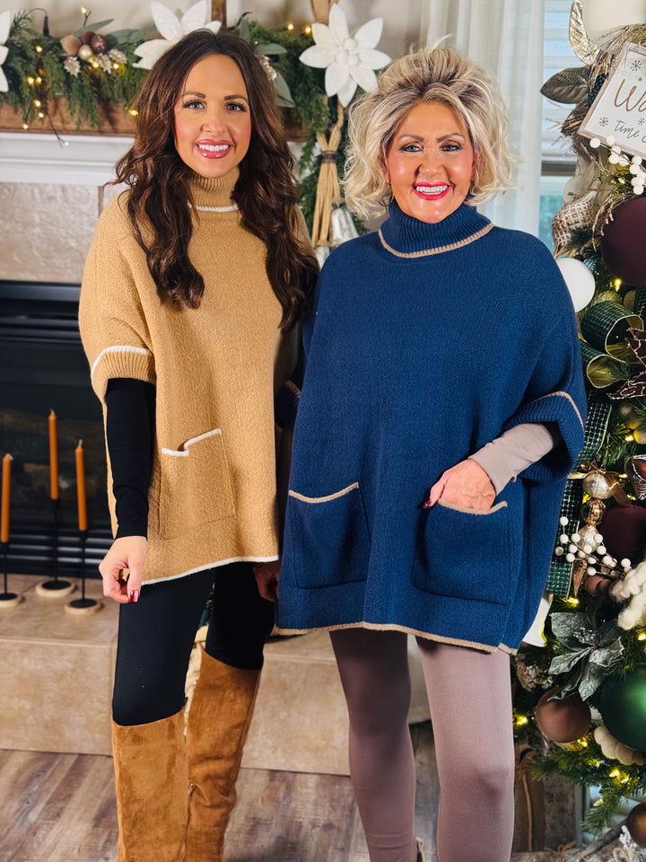 Cozy Turtle Neck Poncho With Arm Holes - 2 Color Options