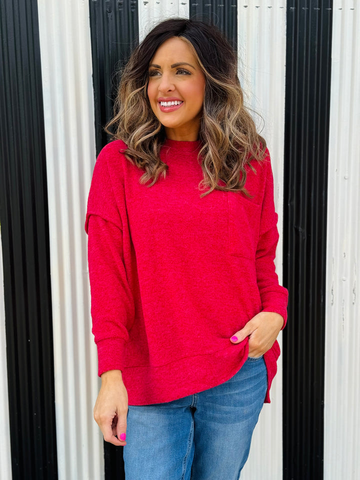 Dark Red Brushed Melange Drop Shoulder Oversized Sweater - Small Through Extended Sizes