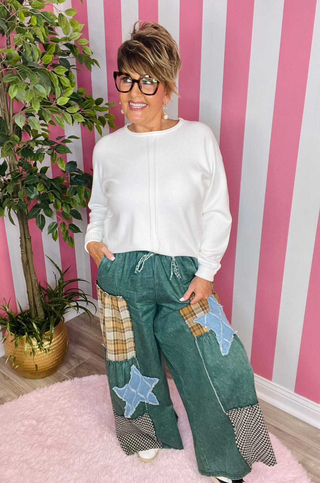 Print Mixed Palazzo Pants-Pine Green