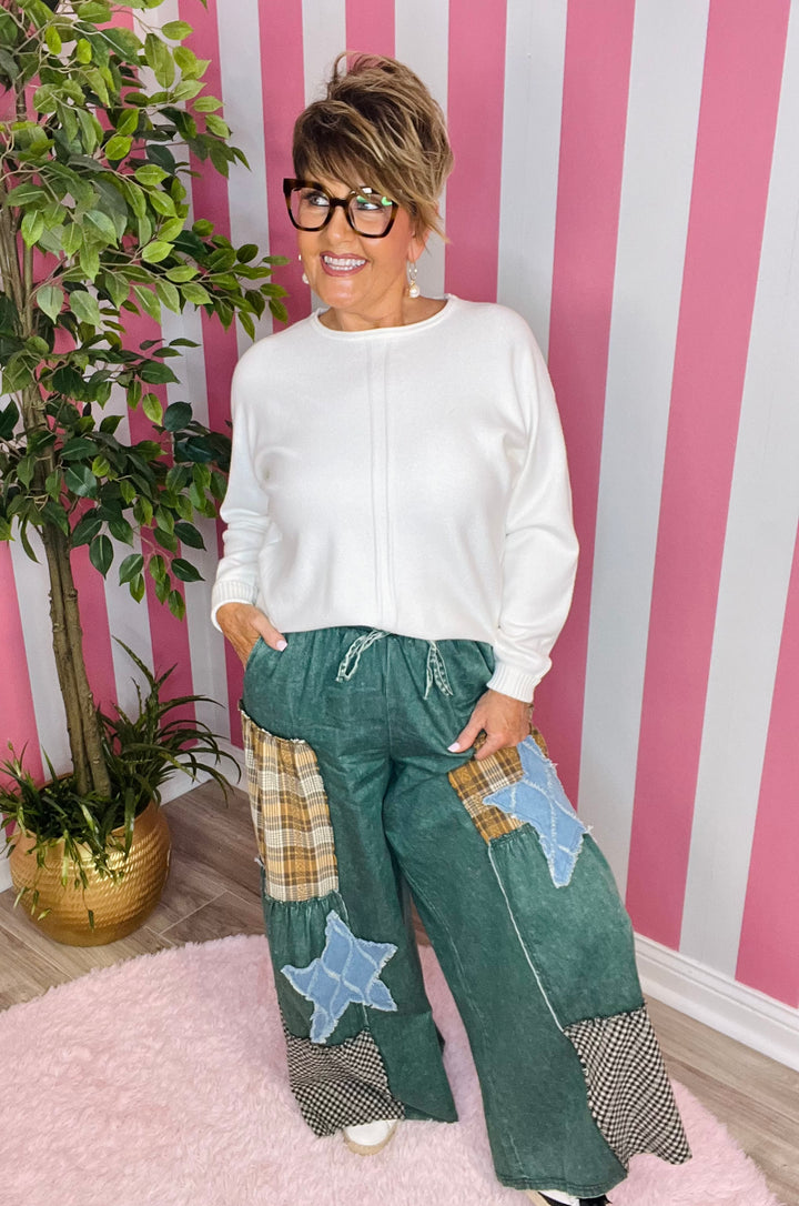 Print Mixed Palazzo Pants-Pine Green