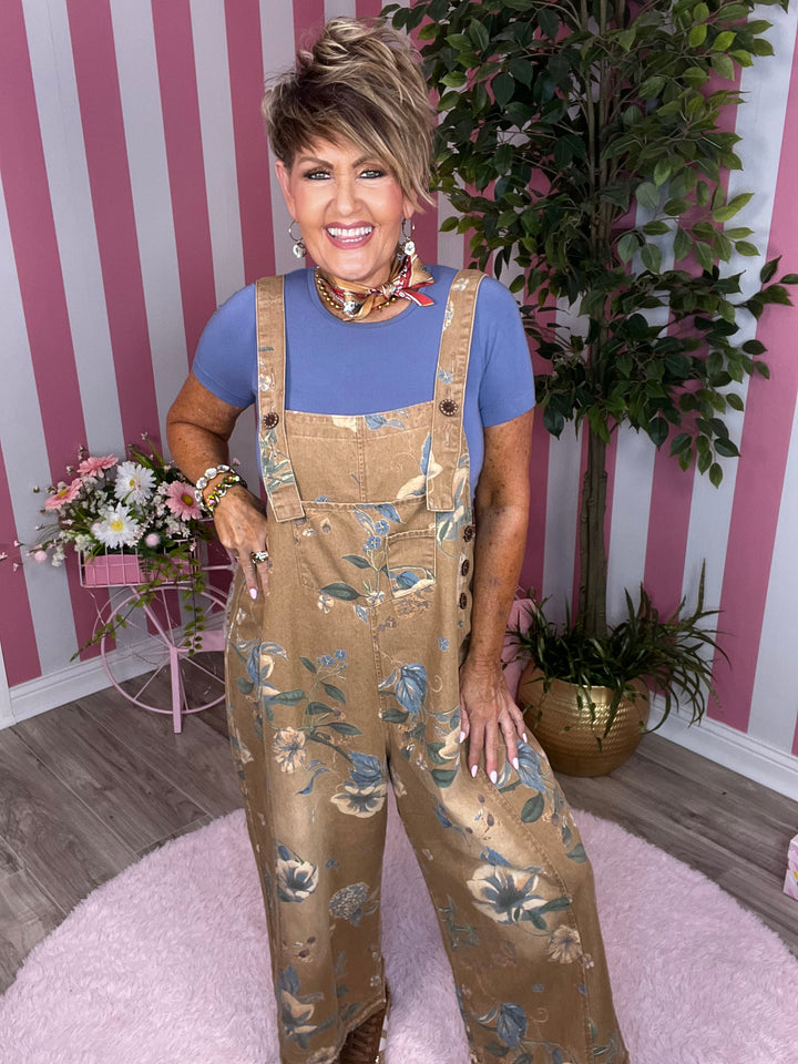 Flower Printed Washed Denim Overalls-Almond