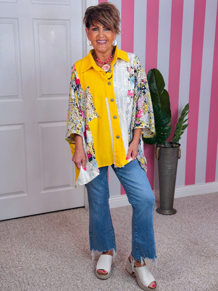 Pineapple Oversized Crochet Lace Mix Button-Up
