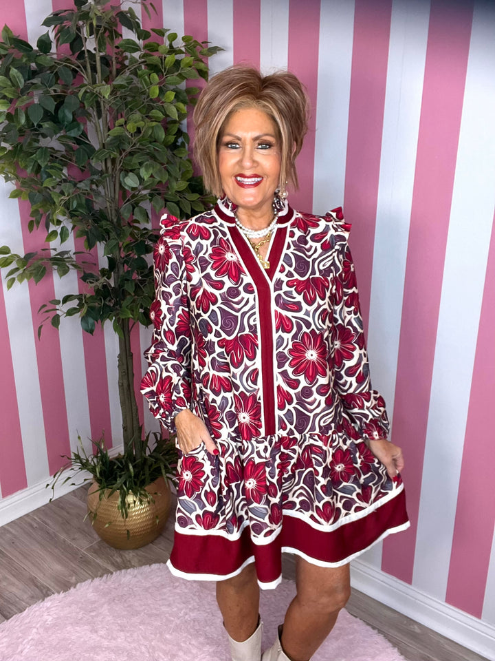 Floral Dress with Ruffled Collar-Crimson