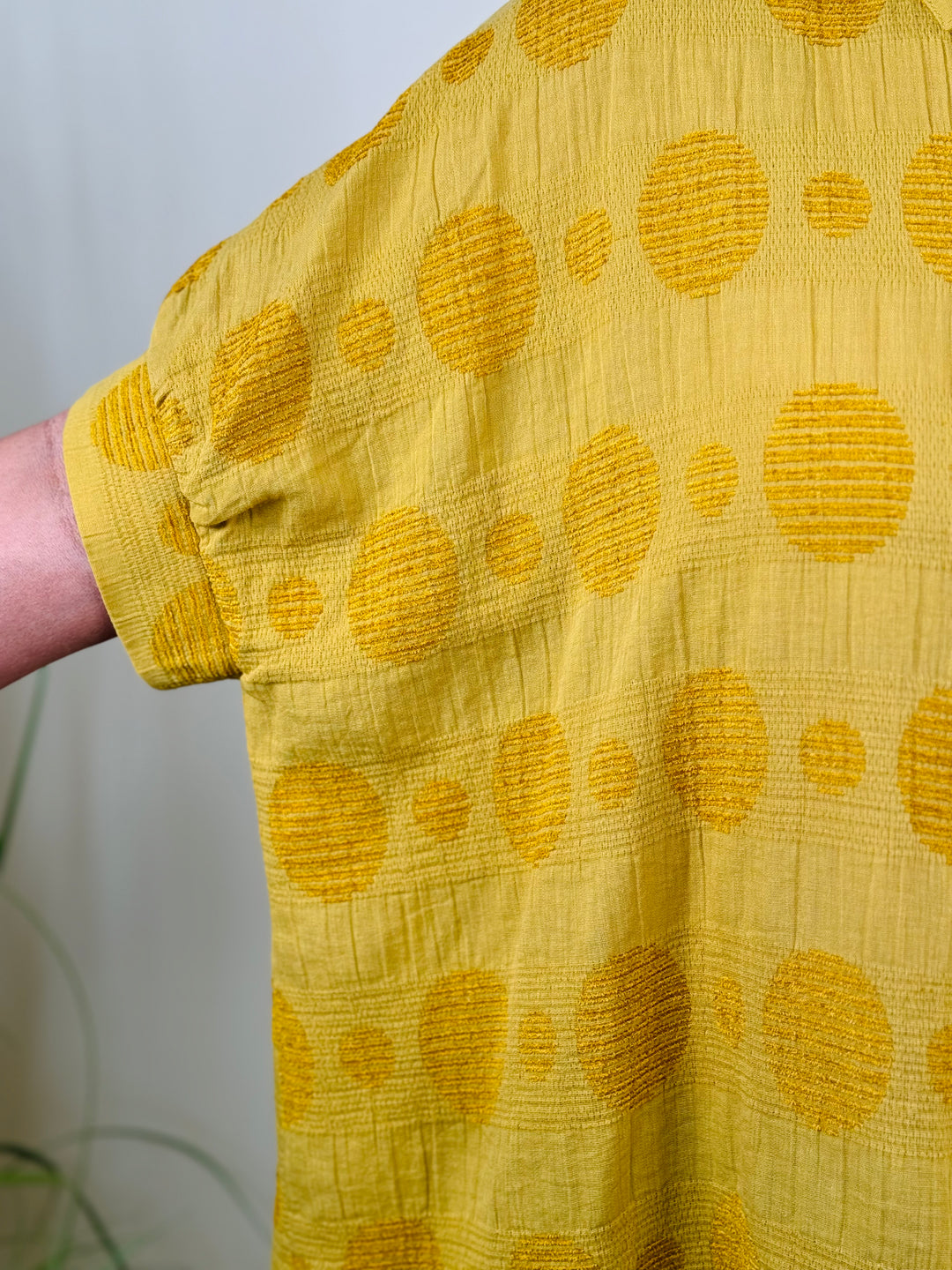 Golden Kiwi Texture Fabric Button Down Polka Dot Detailed Top - Final Sale