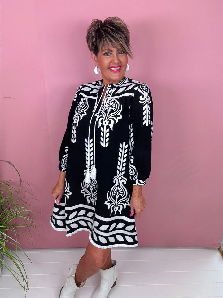 Black Printed 3/4 Sleeve Dress w/Tassel Tie