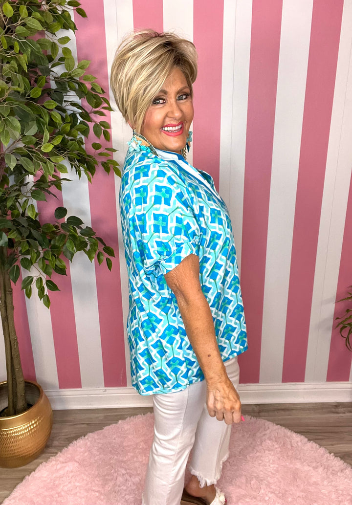 SALE: Printed Dolman Sleeve Top-Aqua Mix