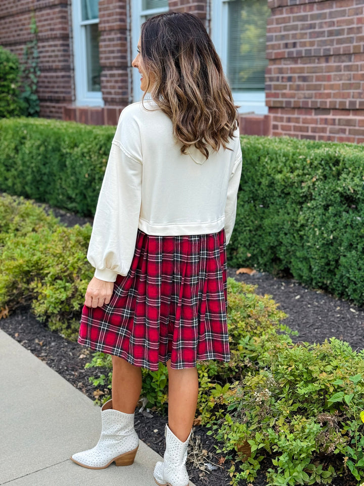 Long Sleeve Mini Dress w/ Heart Detail and Plaid Skirt - 2 Color Options