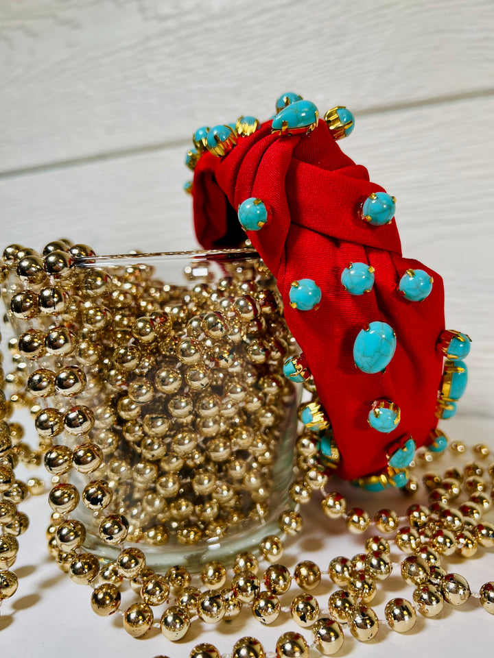 Red Headband with Turquoise Beads